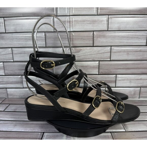 Stuart Weitzman Women's Black Leather Grecian Buckle Wedge Sandals Size 7-NEW - Picture 1 of 8